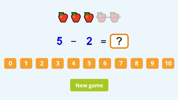 maths games for kindergarten online: Single digit subtraction with pictures: worksheets and games. Free interactive math games for kindergarten.