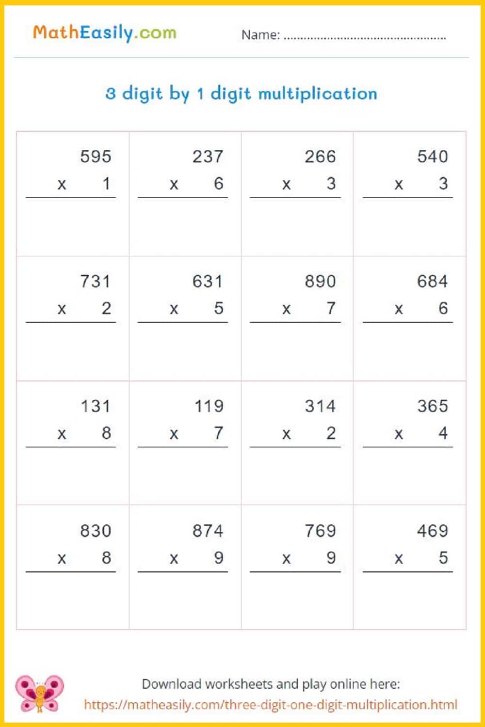 3 digit by 1 digit multiplication games and worksheets