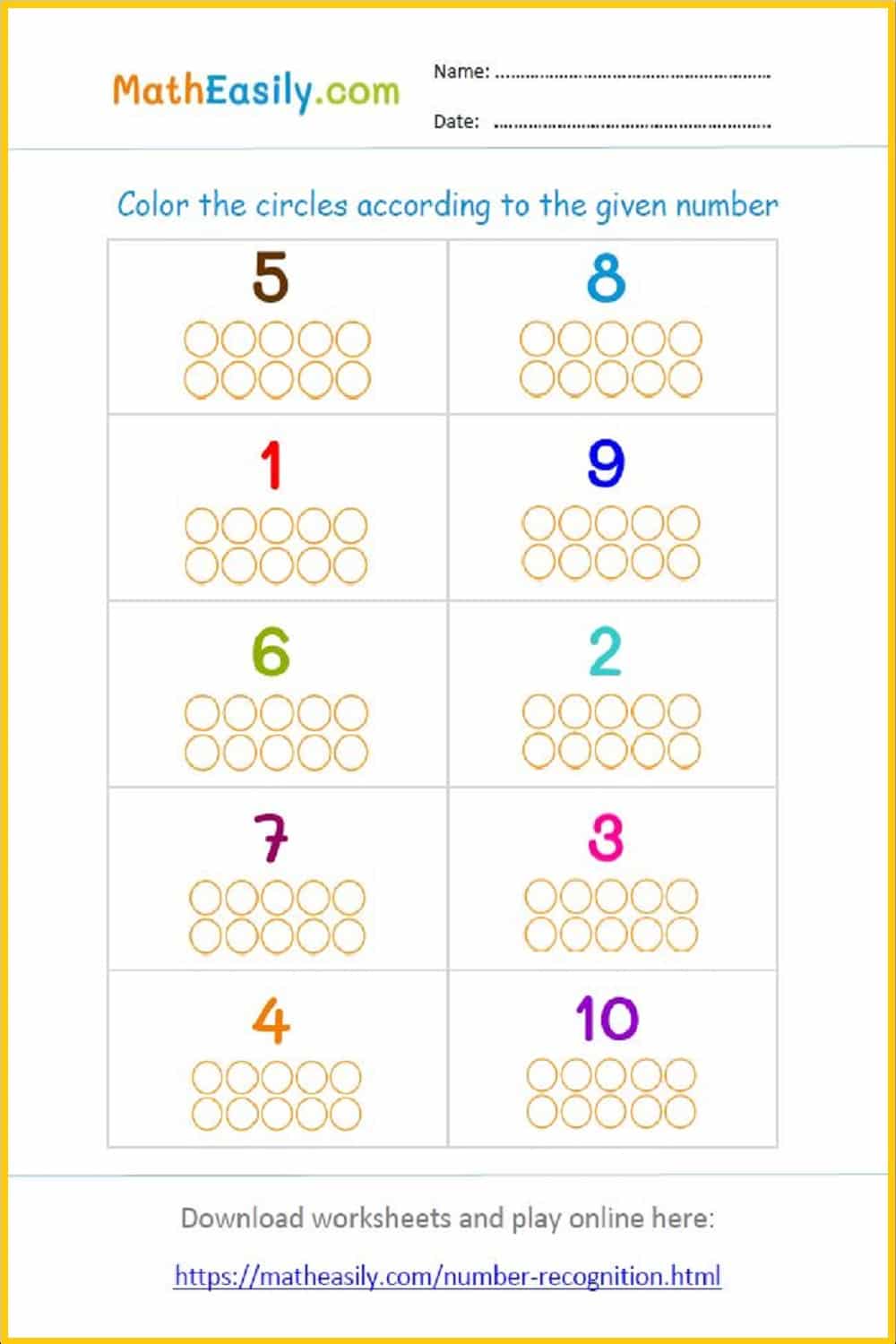 Free printable worksheet for kindergarten math PDF