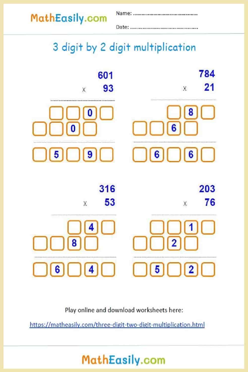 Multiplication 3 digit by 2 digit multiplication with grid. Printable three digit by two digit multiplication worksheets PDF.
multiplication worksheet 3 digit by 2 digit with answers.