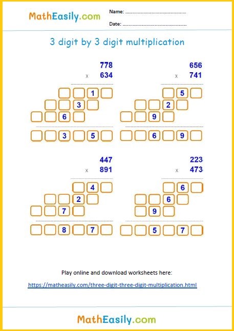 3 digit multiplication with answers: worksheets in PDF. multiplication 3 digit by 3 digit worksheet.