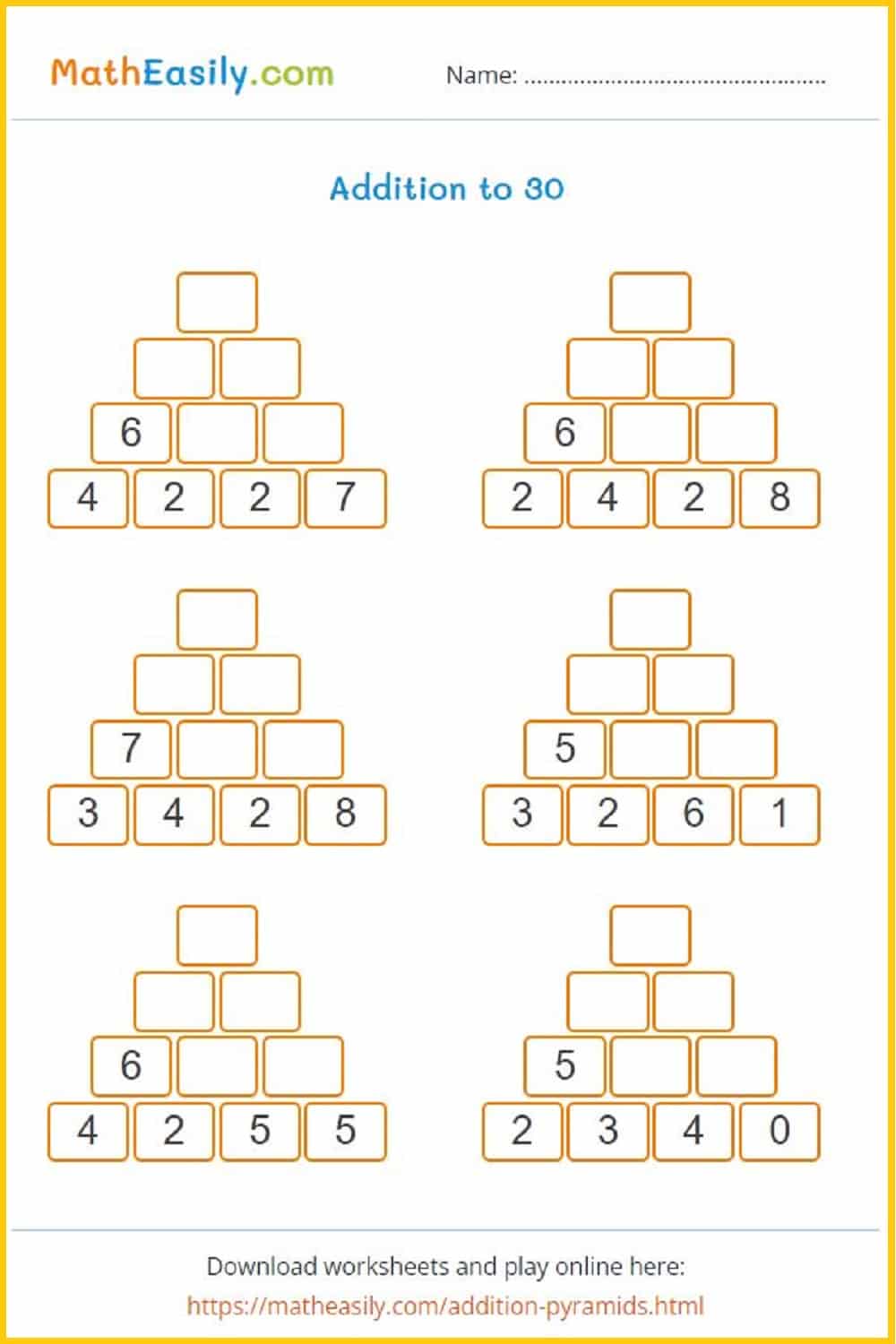 Number pyramid addition worksheets. Printable number pyramid puzzle worksheets in PDF. addition pyramids worksheet. pyramid addition puzzle.