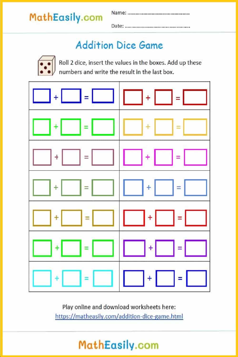 Printable math dice games PDF.