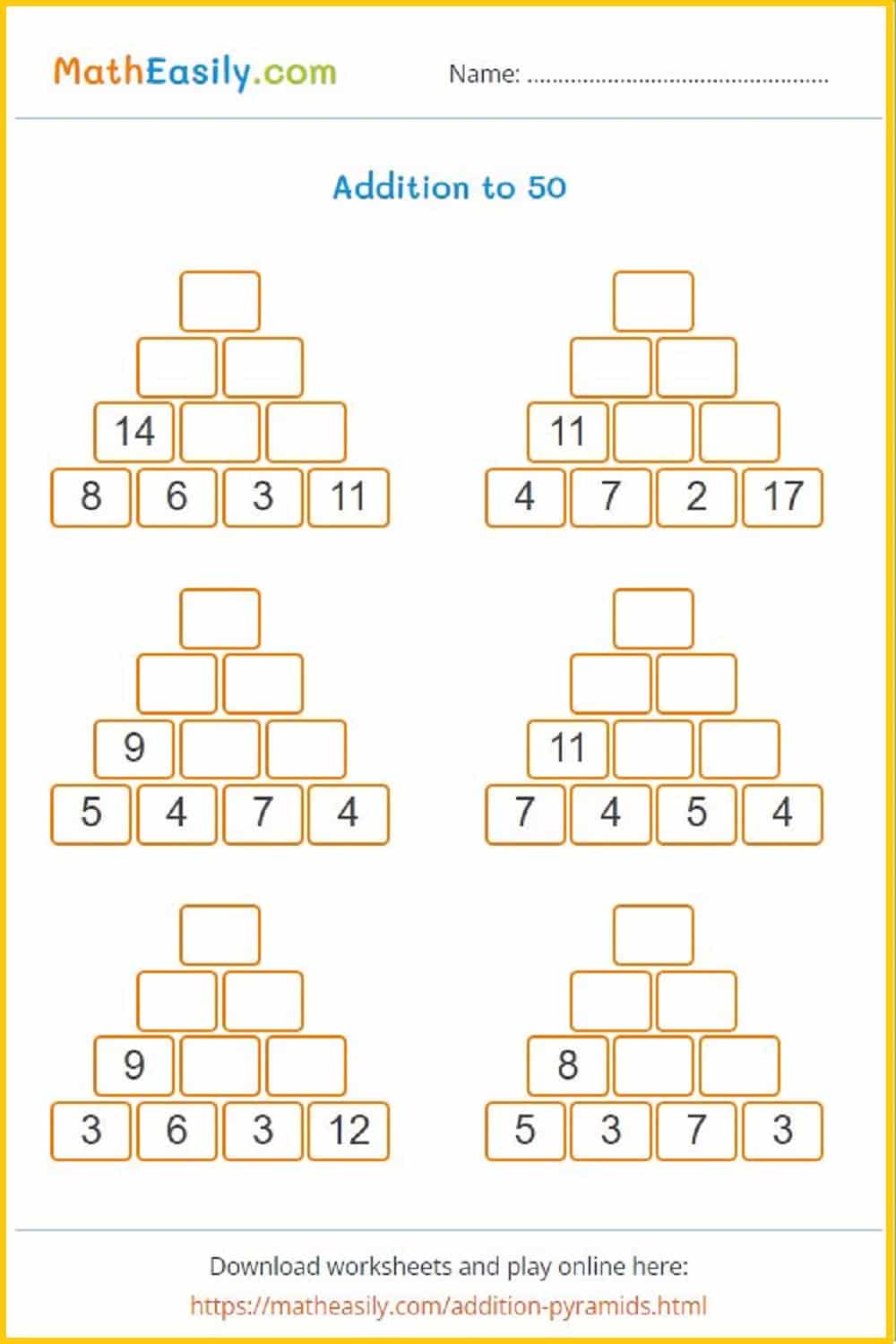 Math Number Pyramid Puzzle Game Worksheets