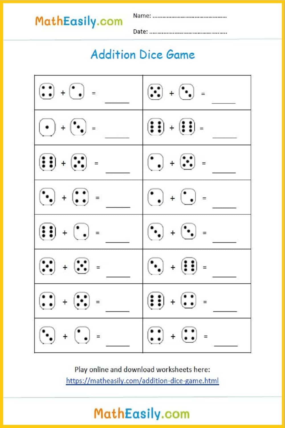 Addition dice worksheet: Download our free printable dice addition worksheet in PDF. dice addition worksheet free. addition dice game worksheet
