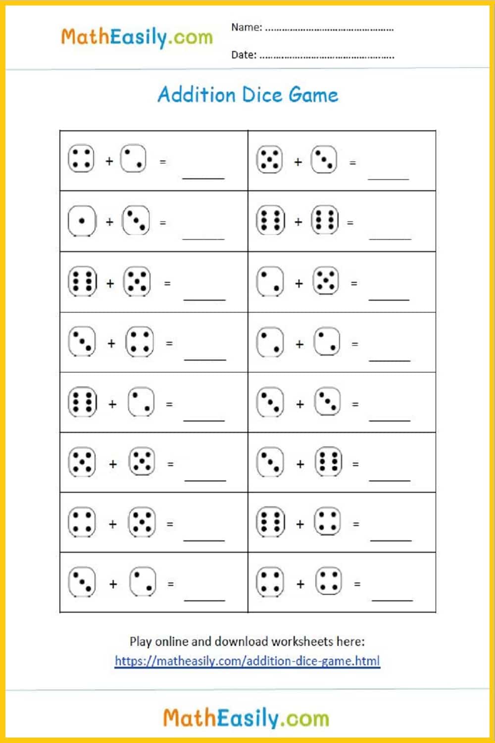 dice addition games for kindergarten and grade 1