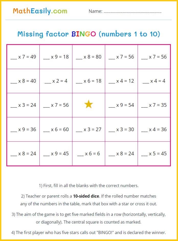 Printable factor BINGO game. printable missing factor worksheets PDF. free factor games printable. Missing factor game board printable.