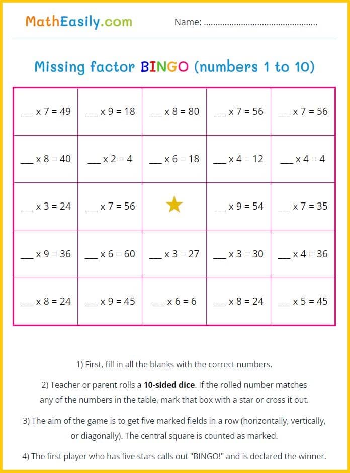 Printable factor BINGO game. printable missing factor worksheets PDF. factors and multiples bingo.
  free factor games printable. Missing factor game board printable.