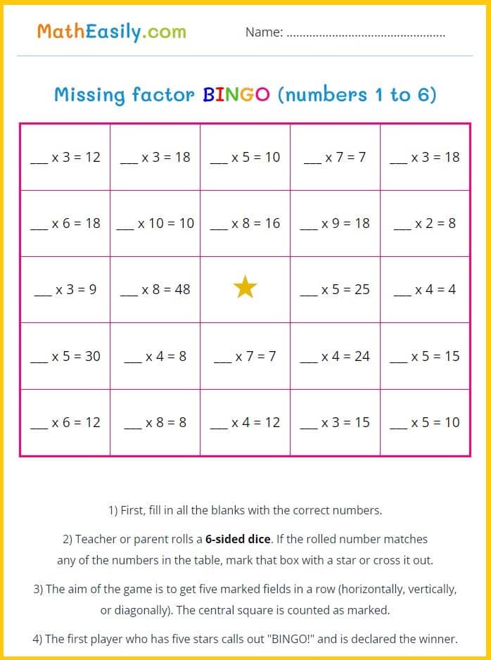 Factors and multiples game printable. Missing factor game printable. missing factors worksheet PDF. Factor game BINGO.
    missing factor multiplication and division worksheets. factors and multiples game pdf.