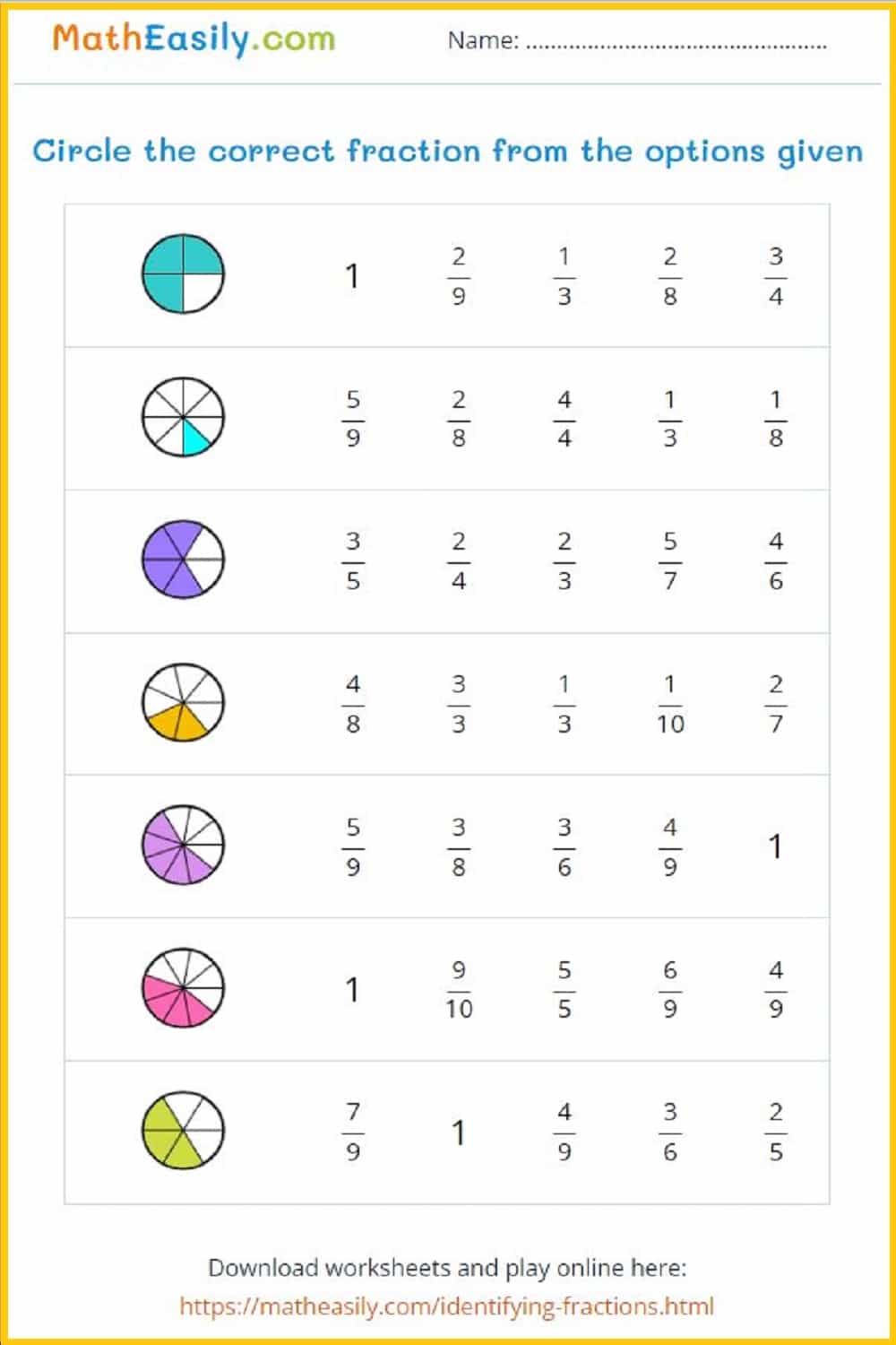 Free fractions worksheets PDF. basic fractions worksheets with answers pdf. Printable fraction sheet.