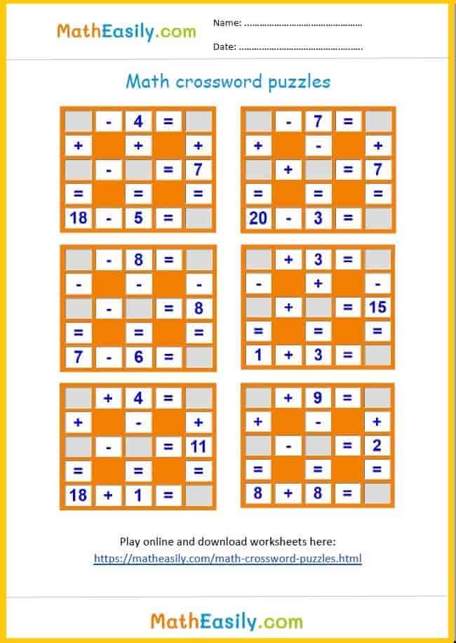 Free math crossword puzzles with answers PDF: Printable crossword maths puzzles for kids. Math crossword Puzzles 1st Grade.