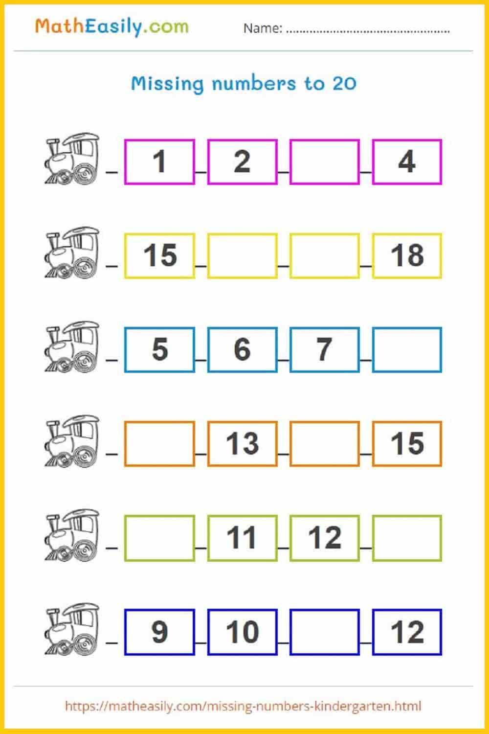 Missing number worksheets 1 20. find the missing numbers worksheets for kindergarten in PDF. missing numbers 1 to 20. 
 missing number game. missing numbers activity for kindergarten. 1 to 20 missing number worksheet. 
  write missing numbers for kids. kindergarten missing number worksheets PDF. missing numbers for nursery class.