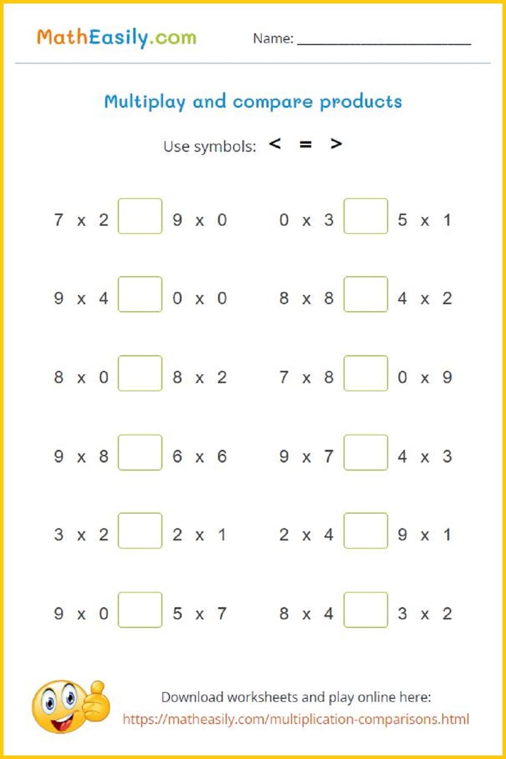 Multiplication Comparisons Within 100 With Answers
