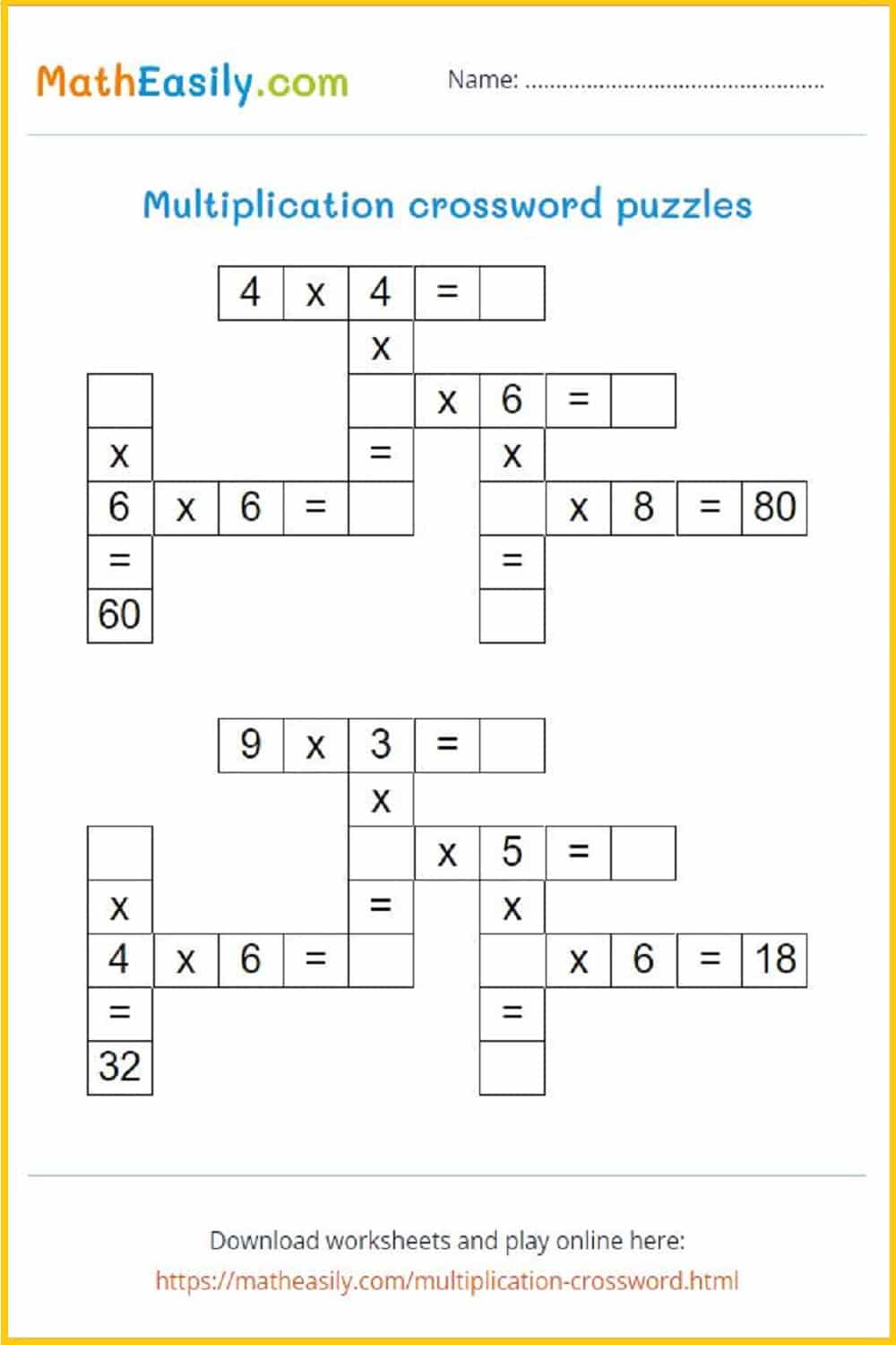 Multiplication Crossword Puzzles Printable