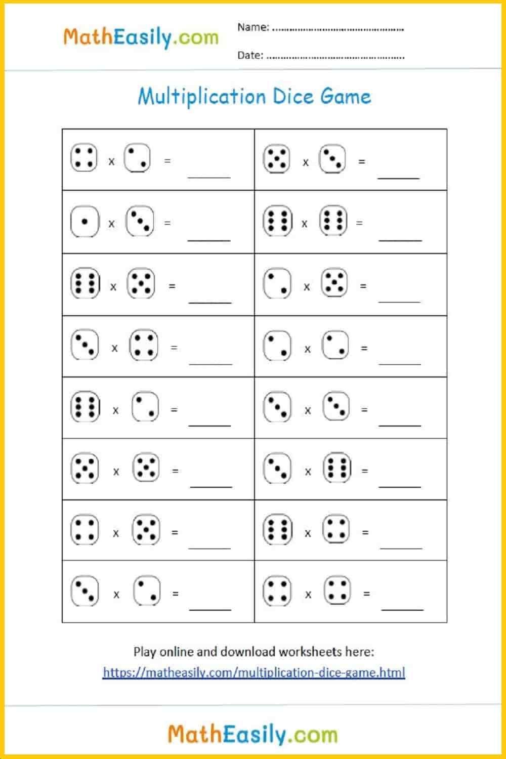 Download our free printable dice multiplication worksheet in PDF.