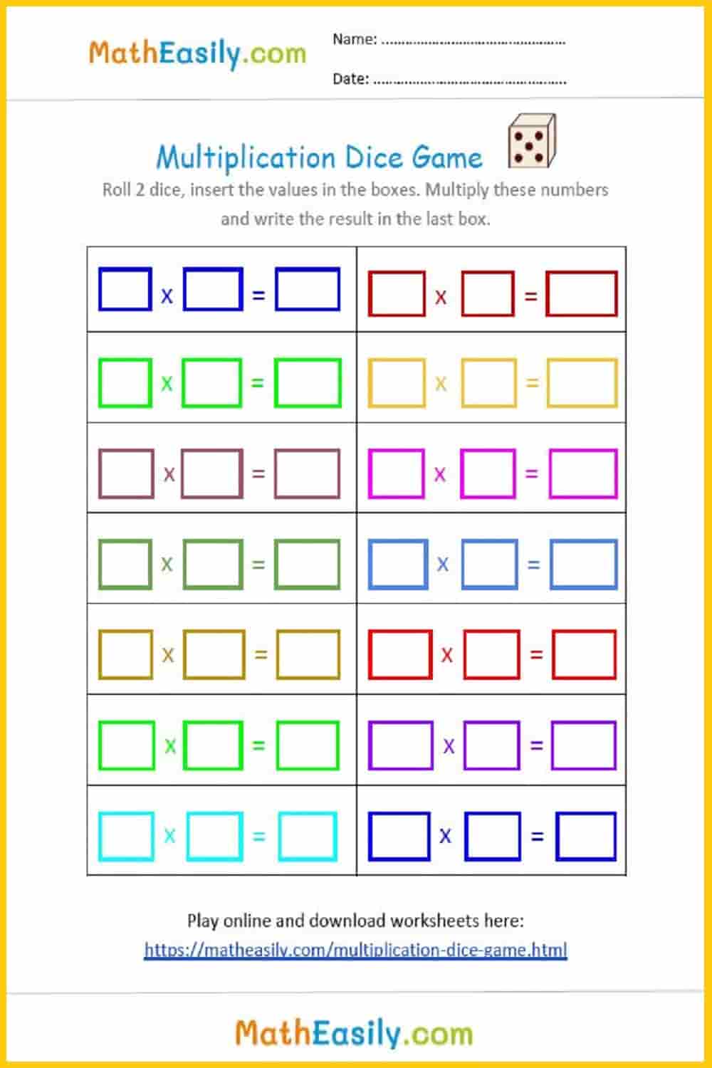 Dice Multiplication Game Worksheet