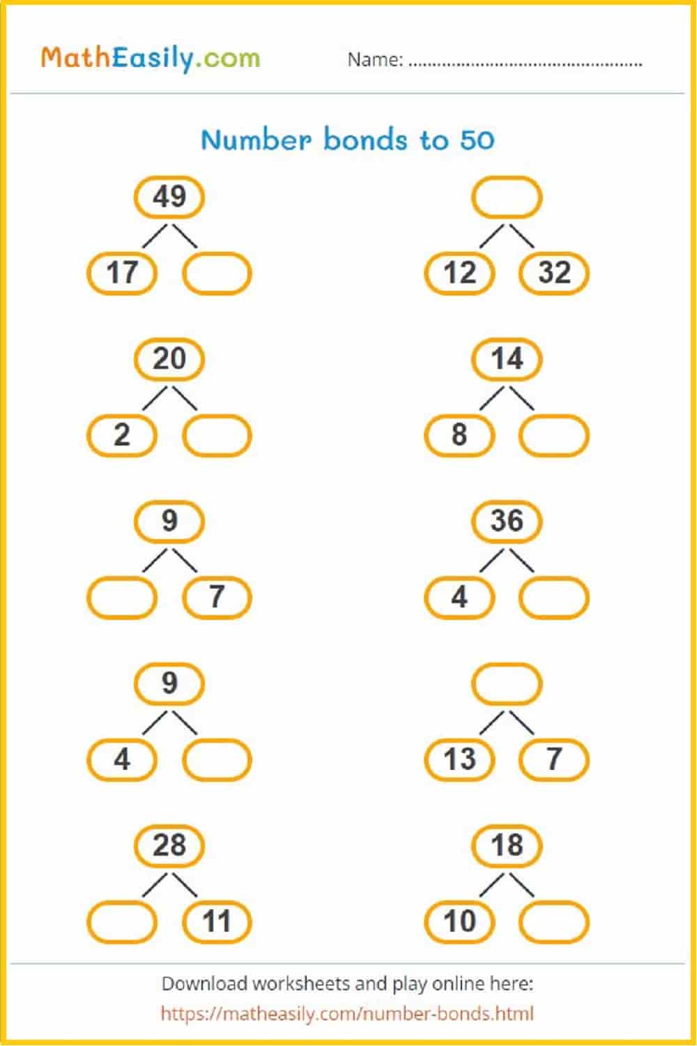 number-bonds-to-50-worksheet