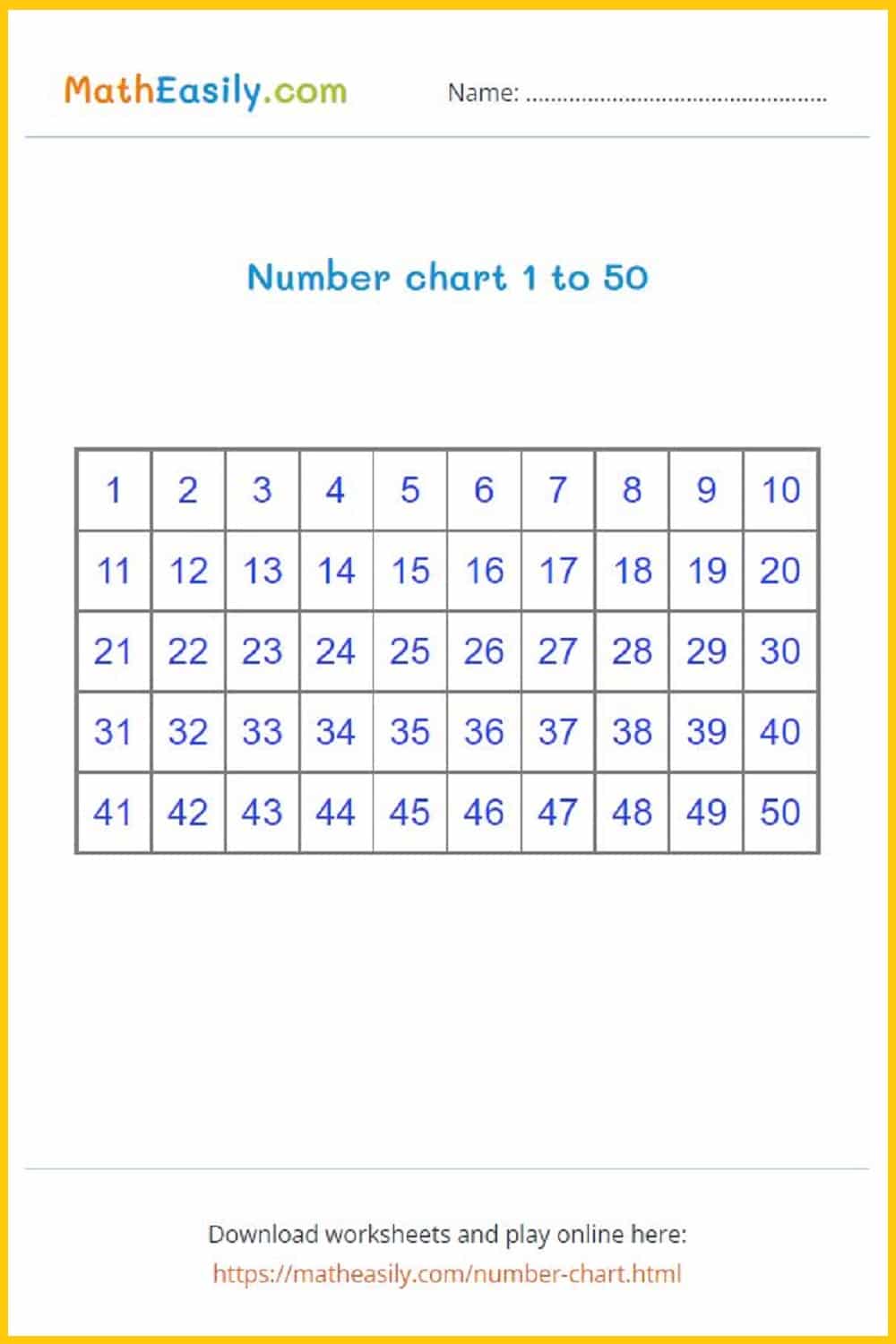 printable Number chart 1-50 number chart PDF. Number grid to 50. Number chart PDF.