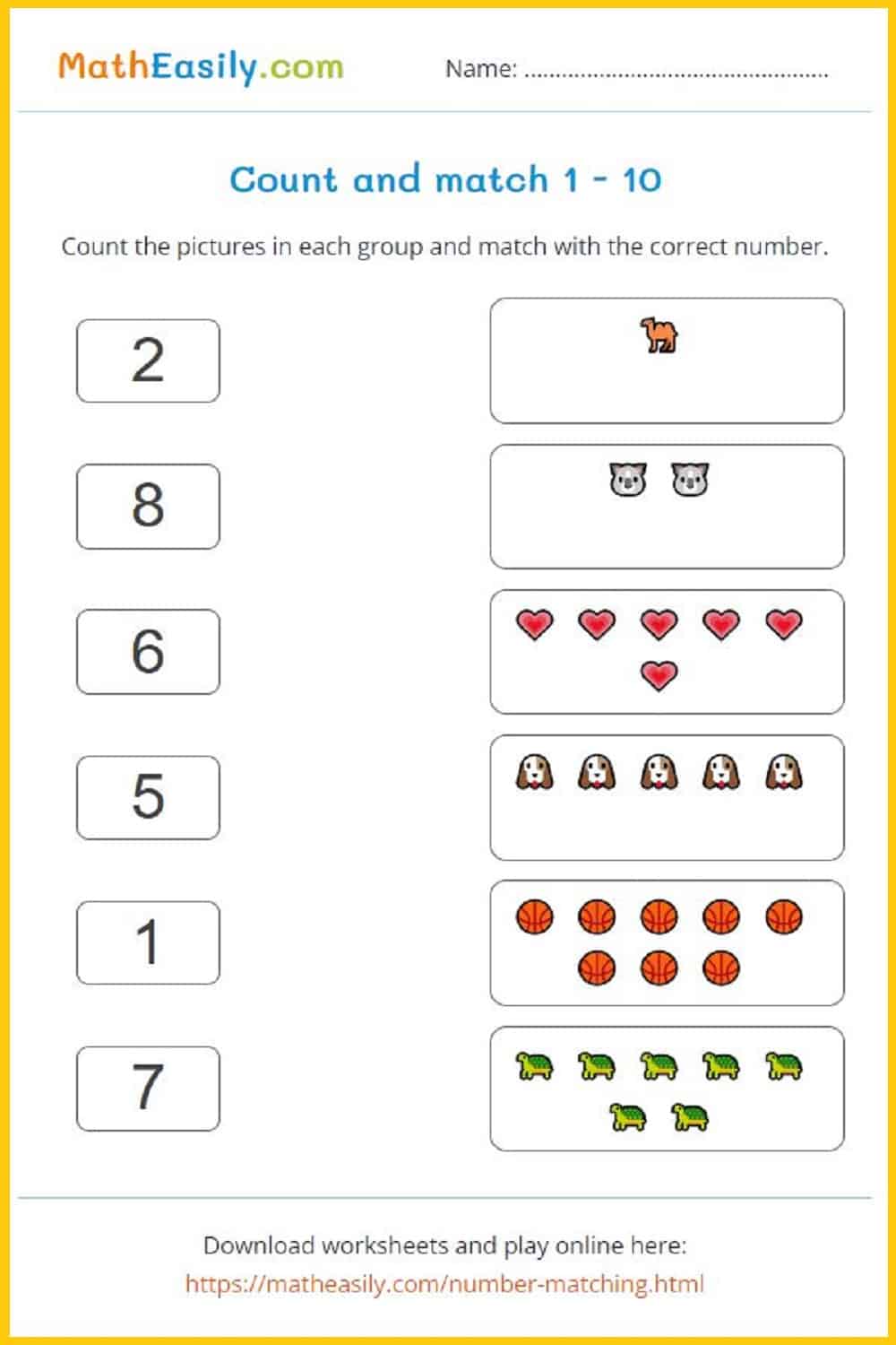 Count and match worksheets 1-10. match the numbers 1 to 10. matching numbers worksheets 1-10. Match numbers worksheet. count and match 1 to 10.  Matching numbers worksheet for preschool. matching numbers 1 10 worksheets. matching numbers games. counting and matching numbers.   matching numbers with objects 1-10 worksheets for preschool pdf. free number matching printables.