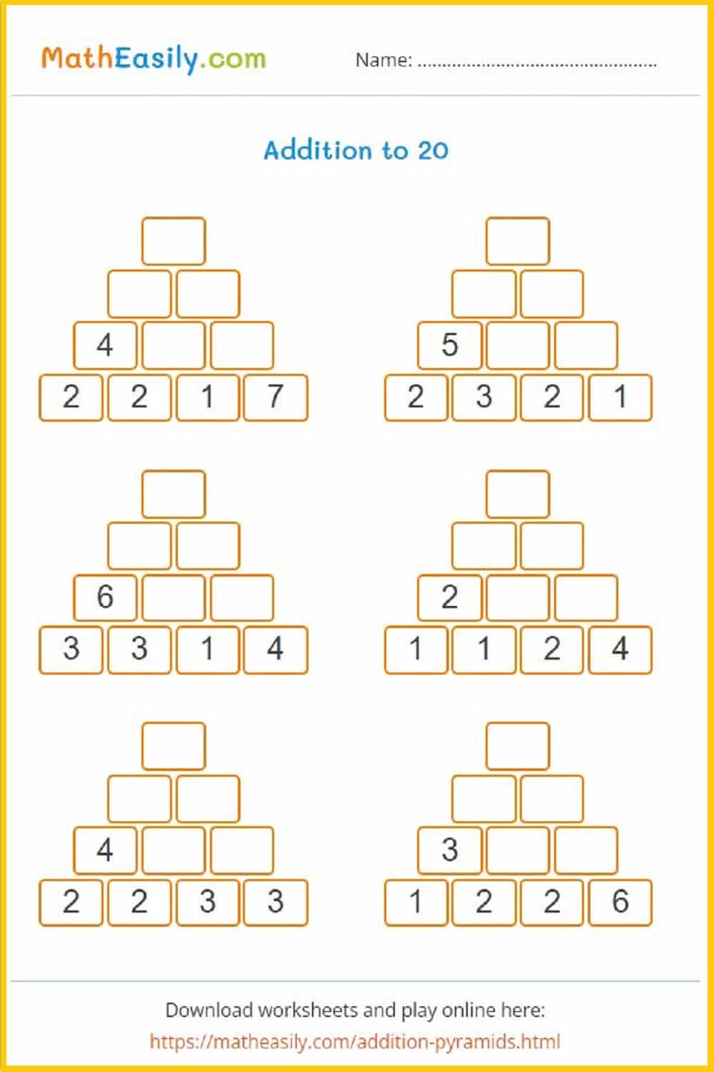 Math Number Pyramid Puzzle Game + Worksheets