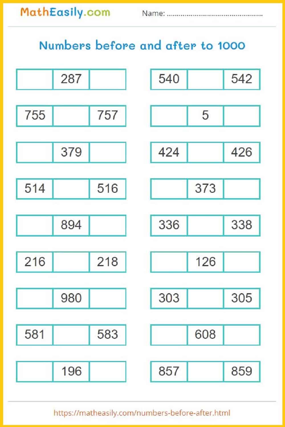 Numbers Before And Numbers After Worksheet