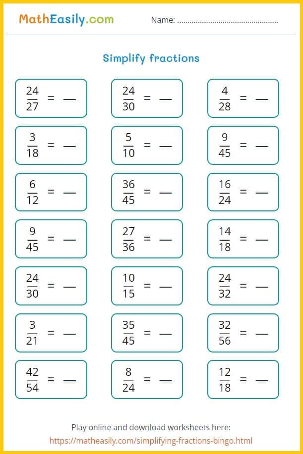 Free printable simplifying fractions worksheets PDF. Free printable reducing fractins worksheets. Simplify fractions. 
  fractions simplify worksheet. Simplifying fractions games printable. Simplifying fractions activity. Free simplifying fractions worksheets printable.