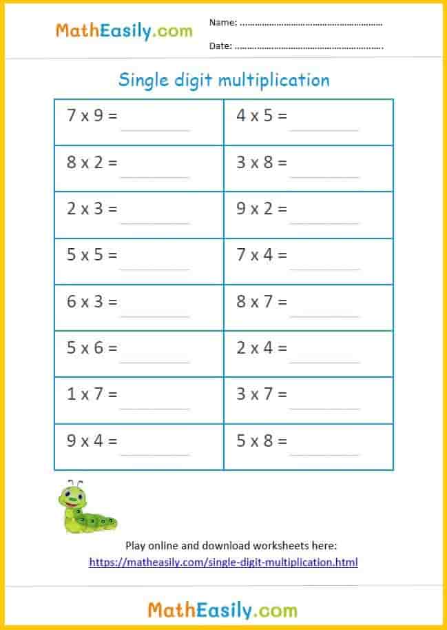 Single digit multiplication Games Worksheets
