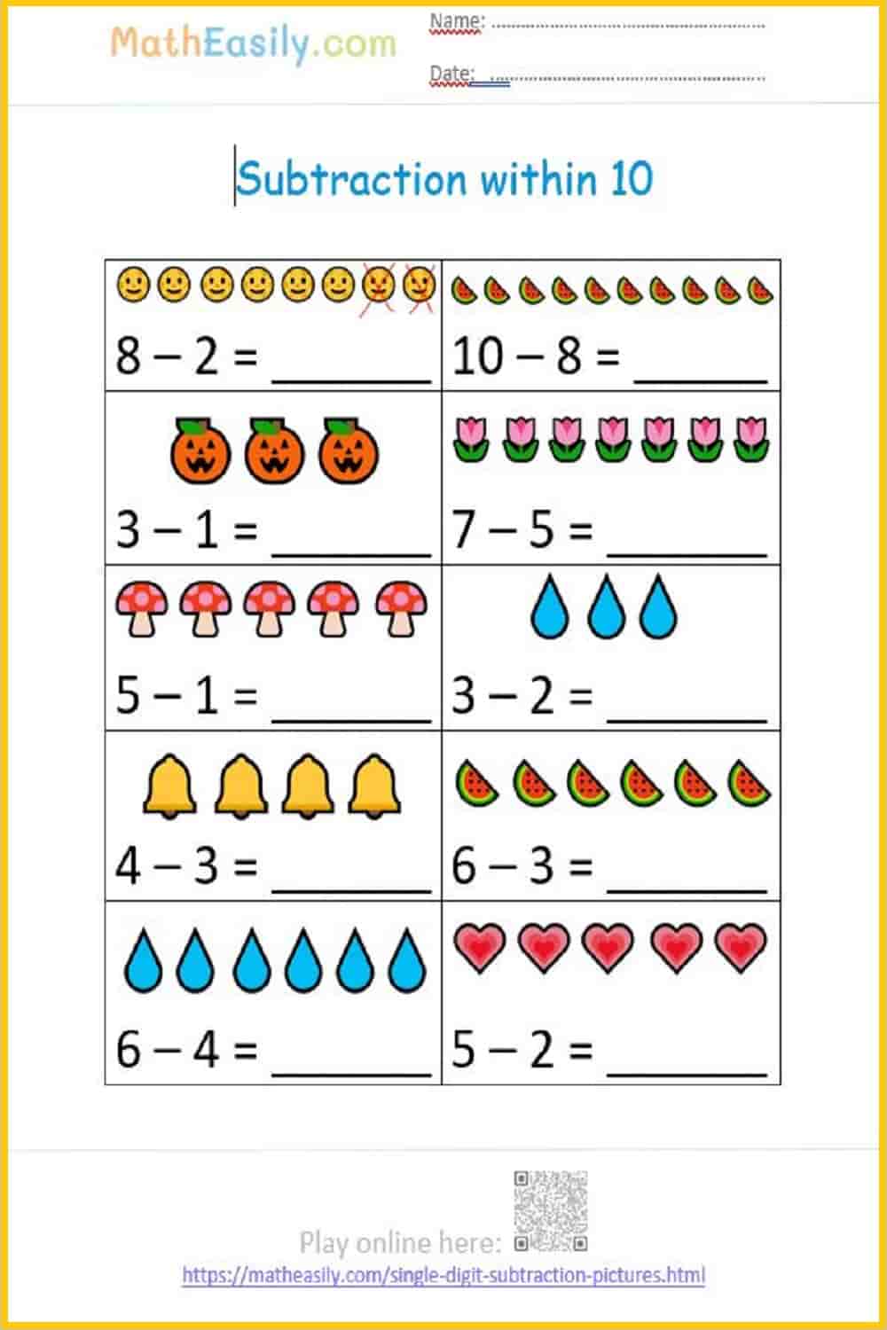 Single digit subtraction within 10: worksheets and games
