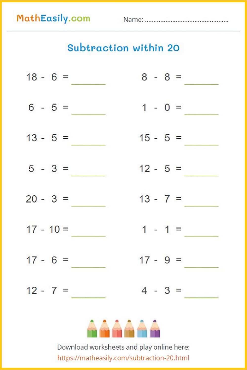 Download free subtraction to 20 worksheets in PDF. Download printable subtraction within 20 worksheets free