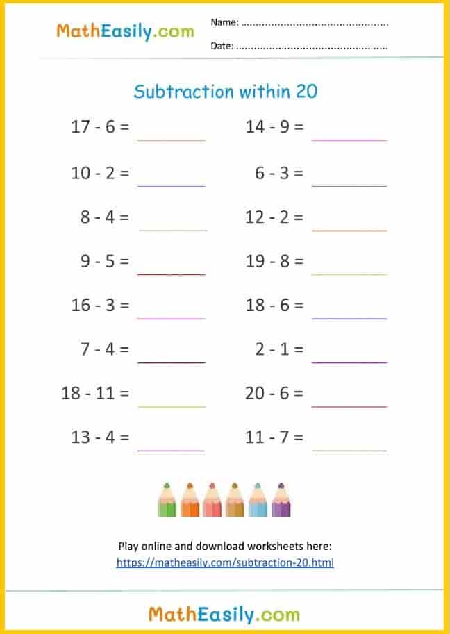 Add And Subtract Within 20 Worksheets