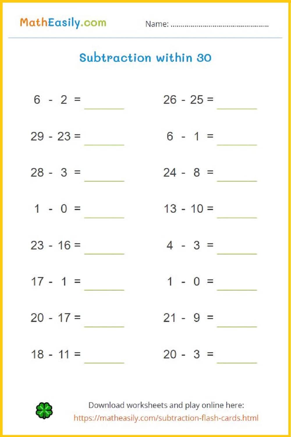 Free subtraction worksheets PDF free download.