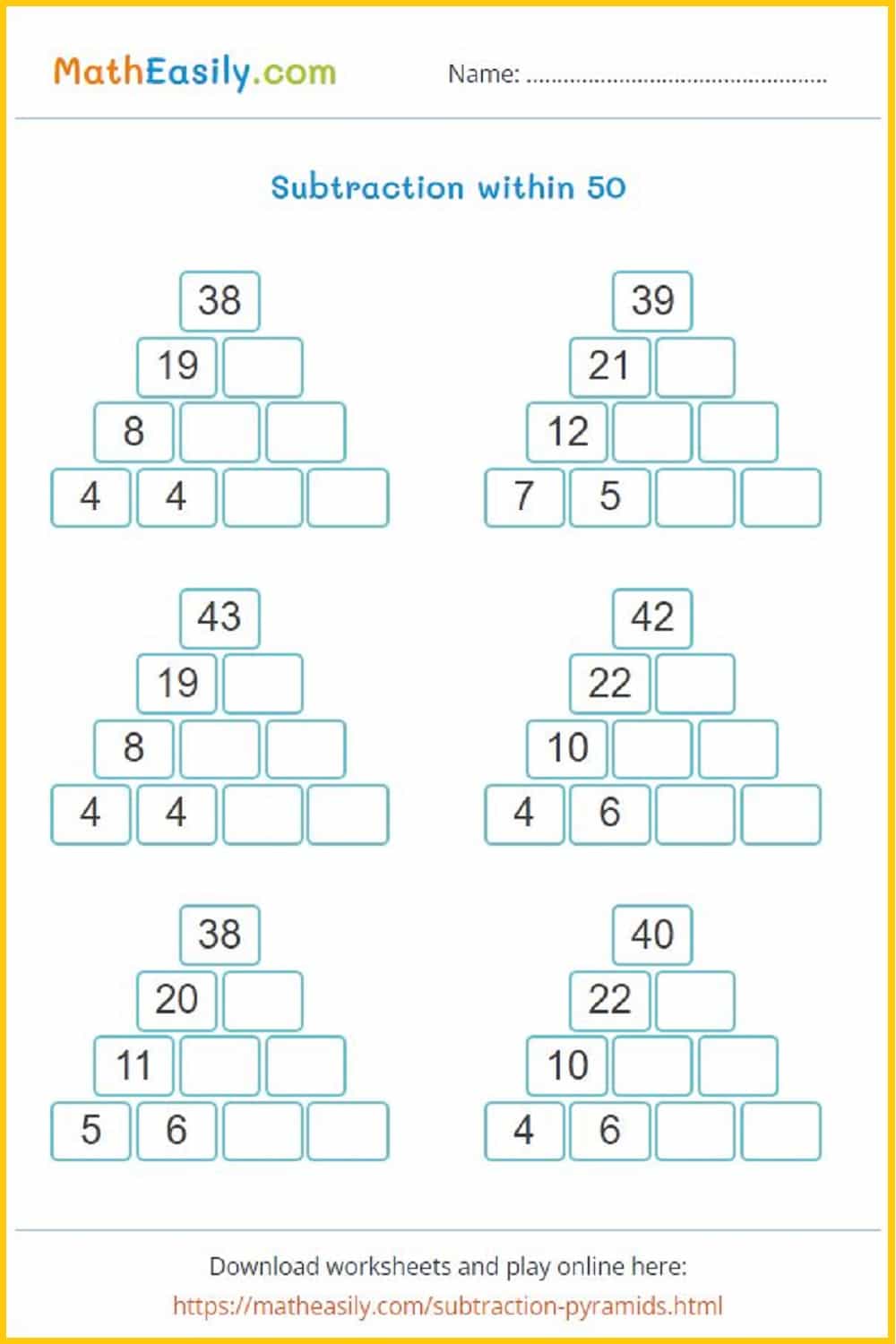 Subtraction puzzle worksheets. Printable subtraction number pyramid worksheets in PDF. missing number pyramid puzzle.