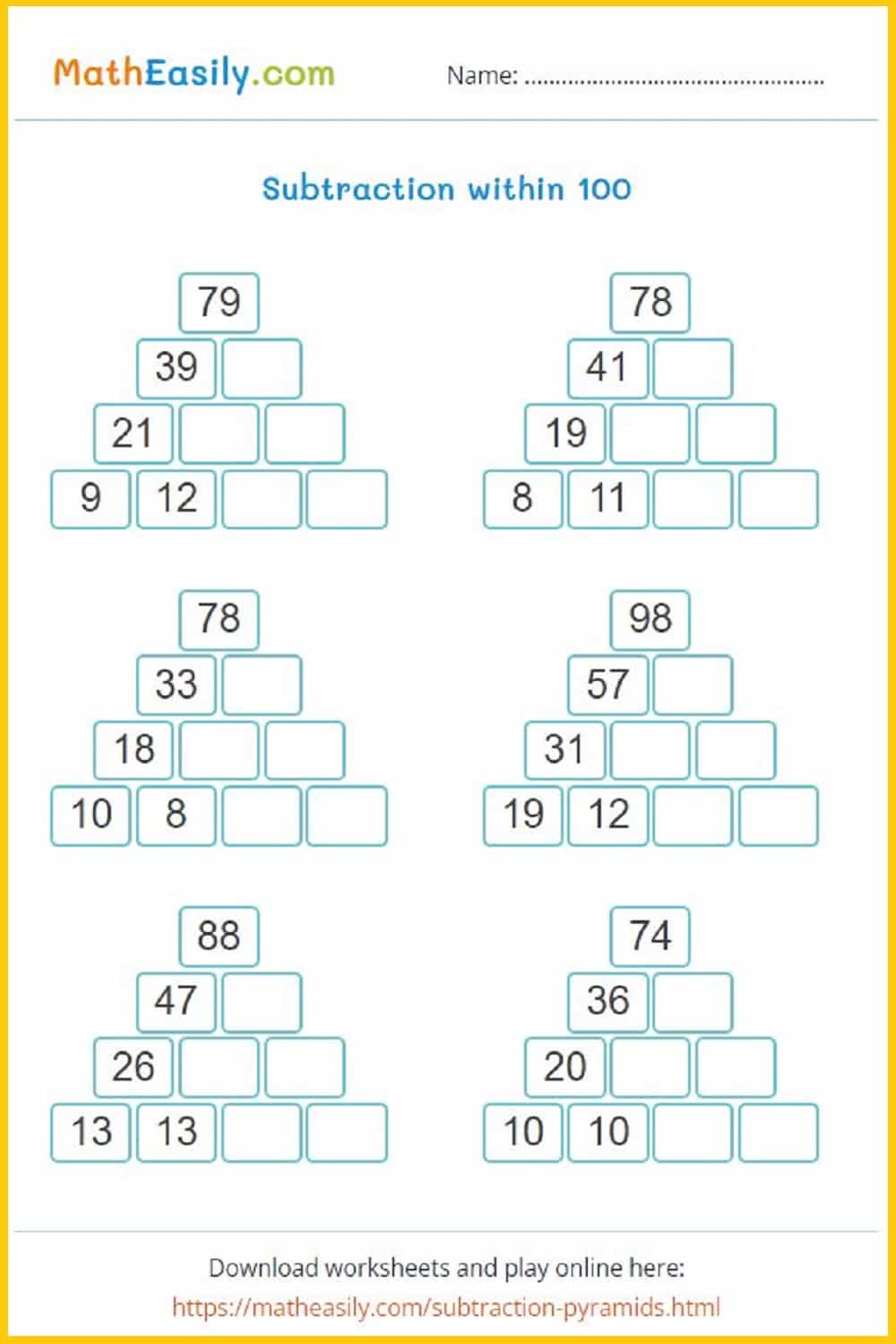 3rd Grade Math Worksheets PDF: subtraction up to 100