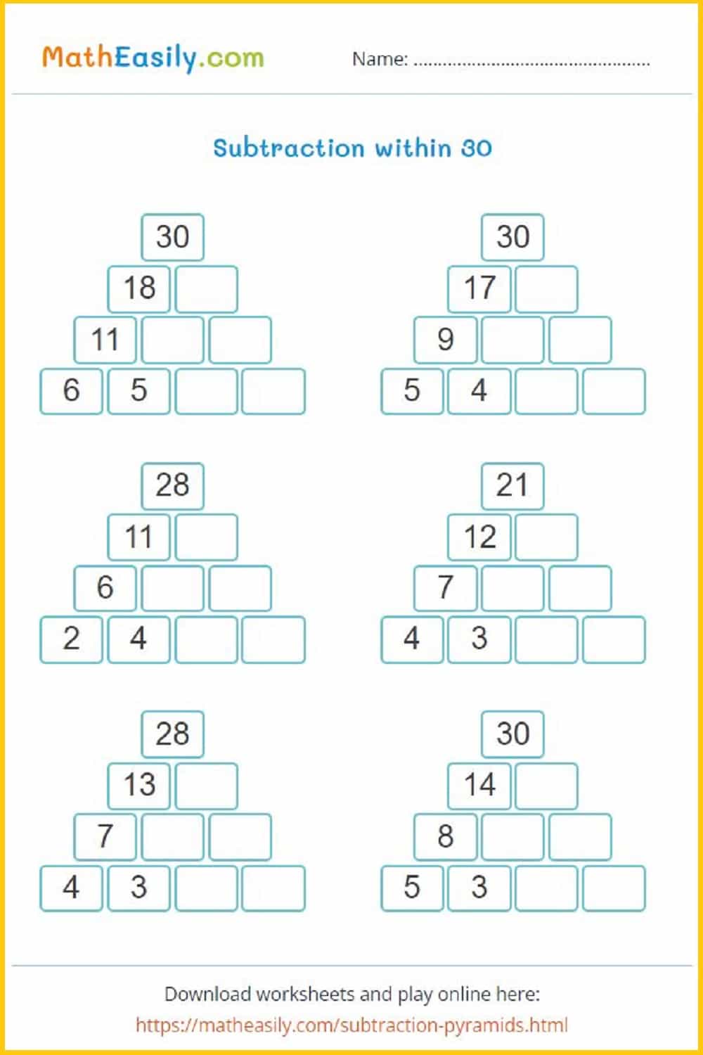 Printable addition and subtraction pyramid worksheets in PDF. Subtraction puzzle worksheets. addition and subtraction pyramids.