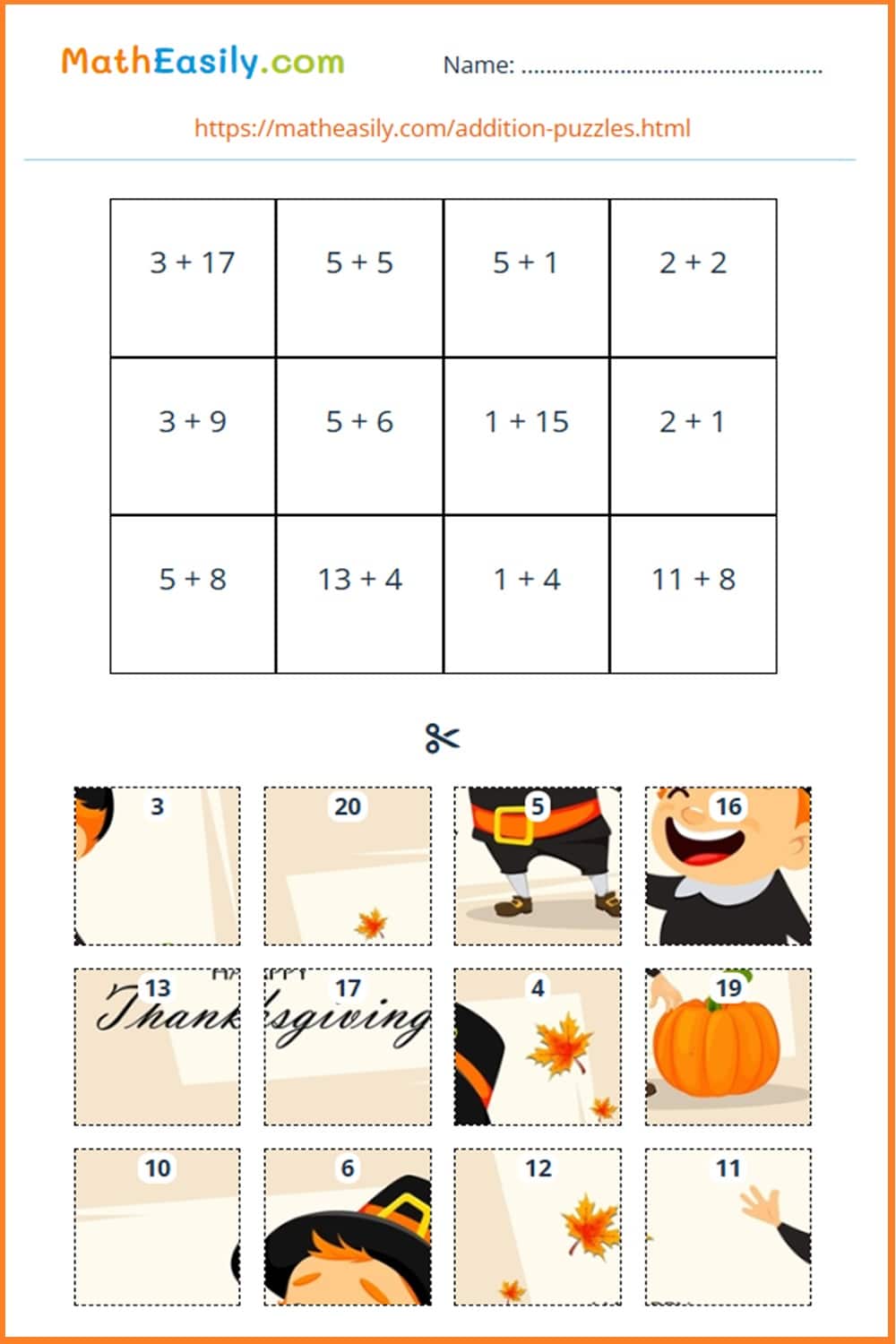 free kindergarten Thanksgiving math games printable.