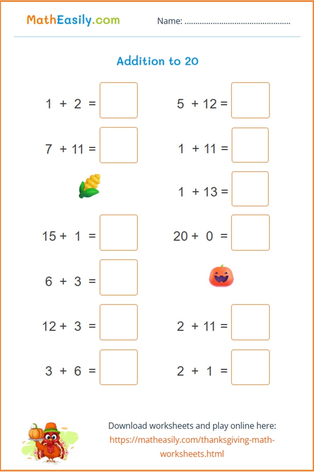free Thanksgiving math worksheets for 1st grade.