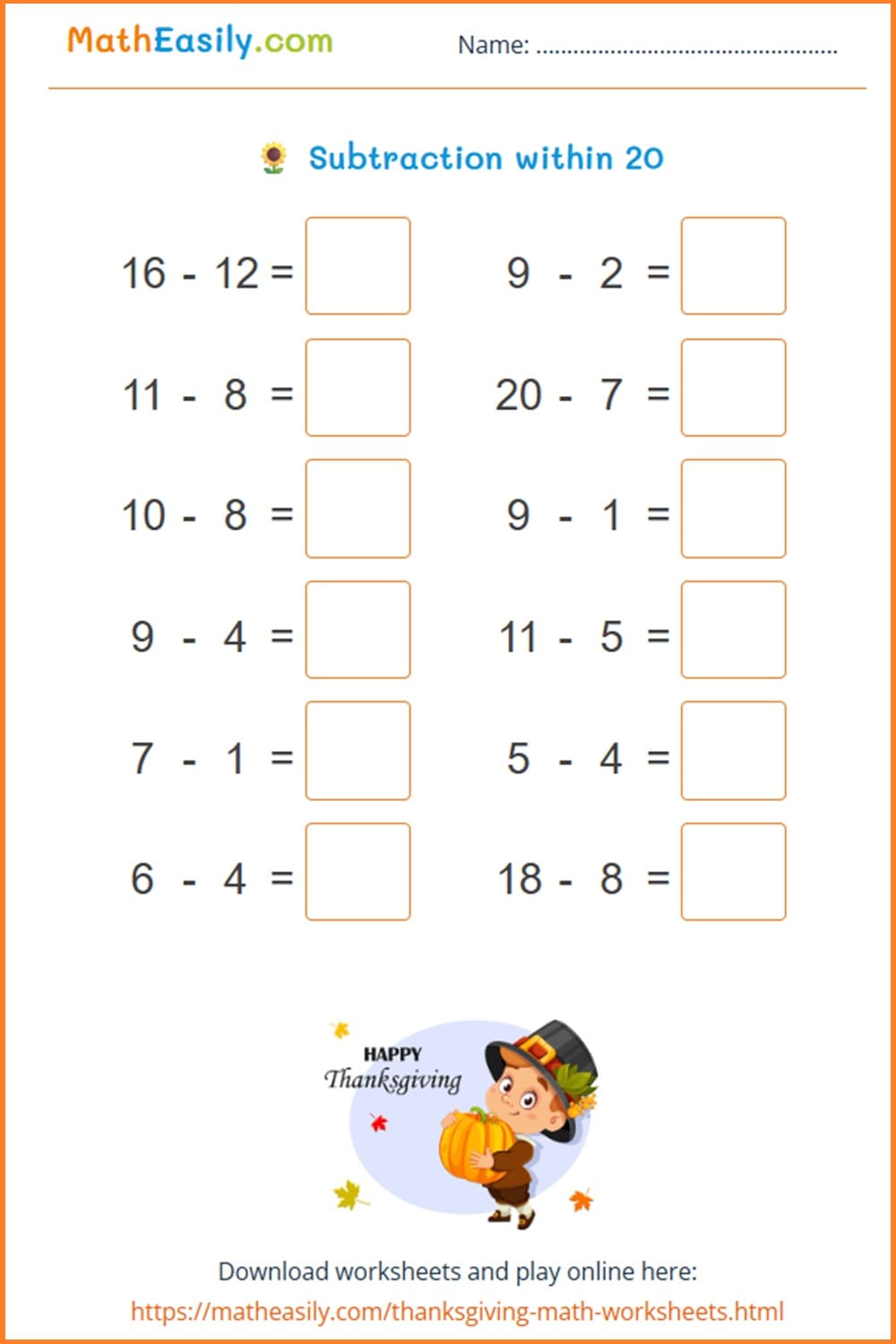 math Thanksgiving worksheets: subtraction.