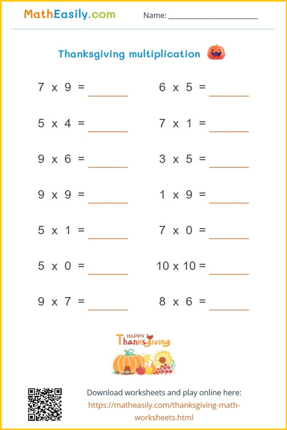 Free printable Thanksgiving multiplication worksheets PDF. Free Thanksgiving math worksheets PDF. Thanksgiving multiplication problems.