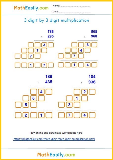 Printable 3 digit by 3 digit multiplication worksheets PDF with answers. three digit multiplication worksheets printable.